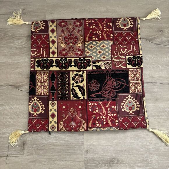 Turkish Patchwork Tapestry Pillow Cover Cushion Case Tassel Zipper Red Black 17" - Picture 3 of 8